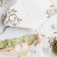 Scalloped Edge Laser-Cut Wedding Petal Fan with Venue Watercolour | Villa Bonomi, Lake Como, Italy