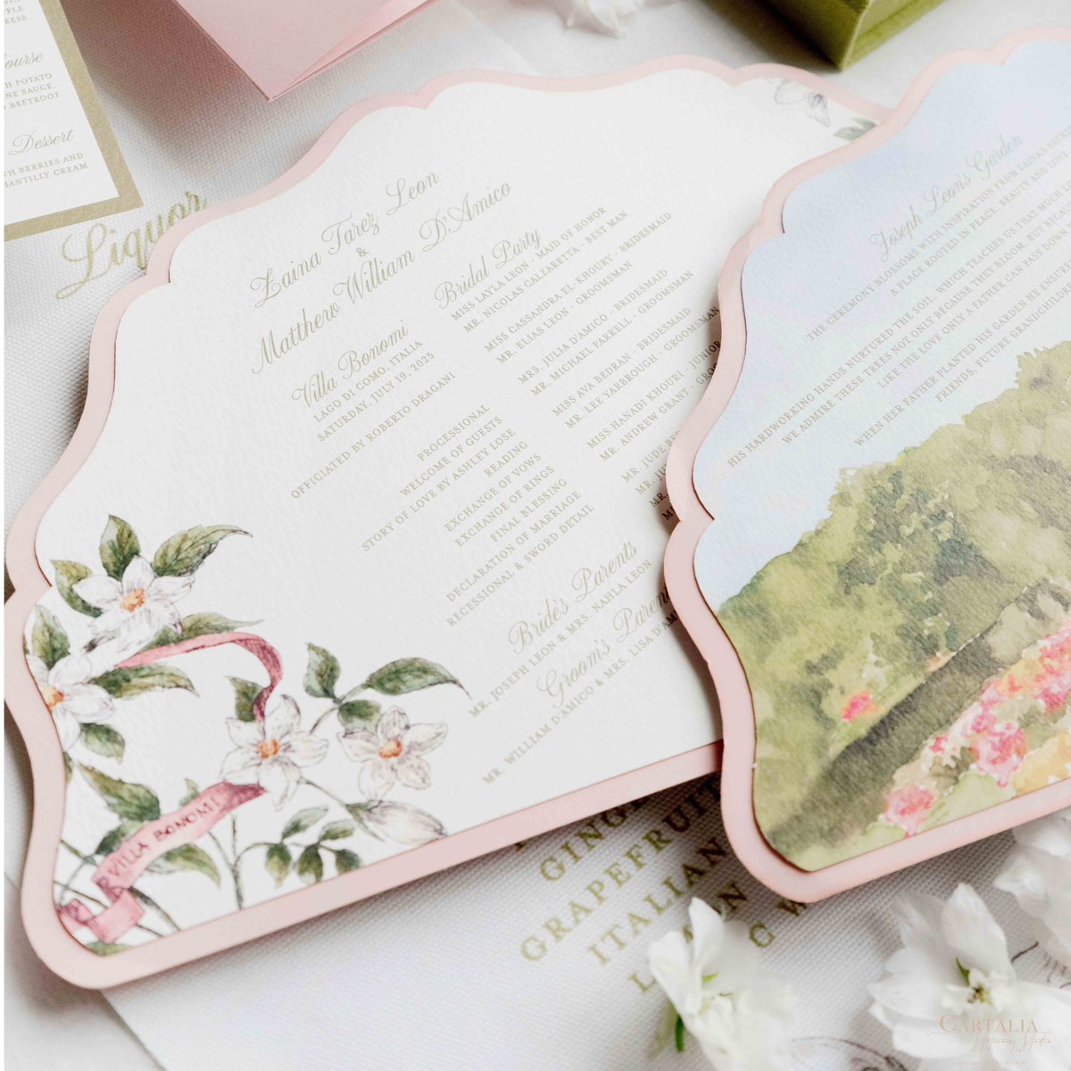 Scalloped Edge Laser-Cut Wedding Petal Fan with Venue Watercolour | Villa Bonomi, Lake Como, Italy