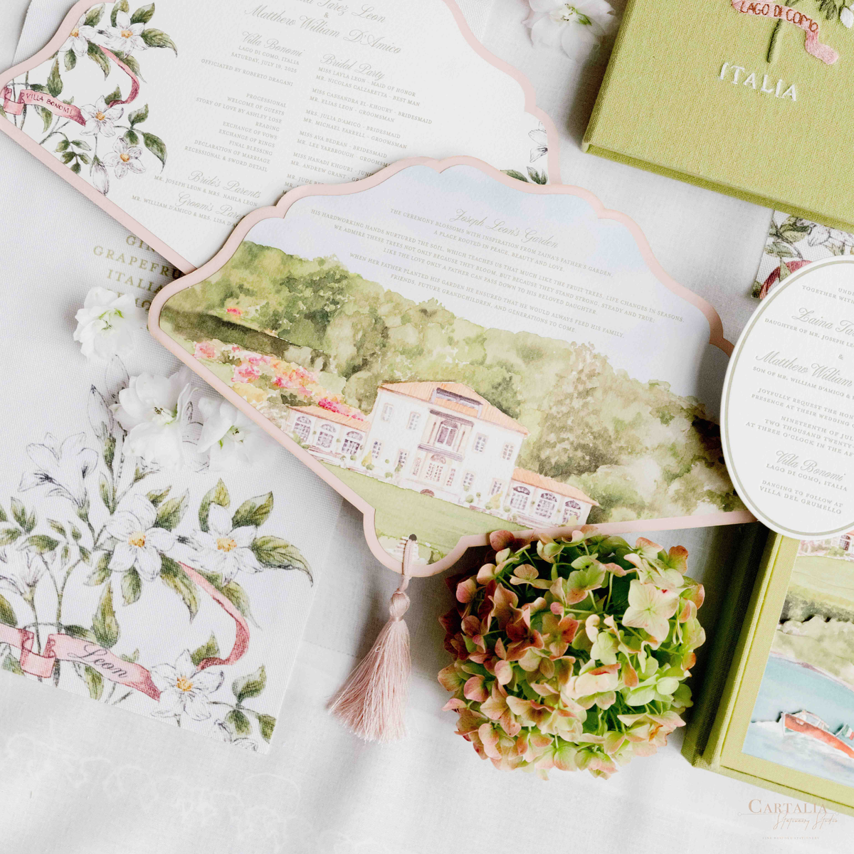 Scalloped Edge Laser-Cut Wedding Petal Fan with Venue Watercolour | Villa Bonomi, Lake Como, Italy