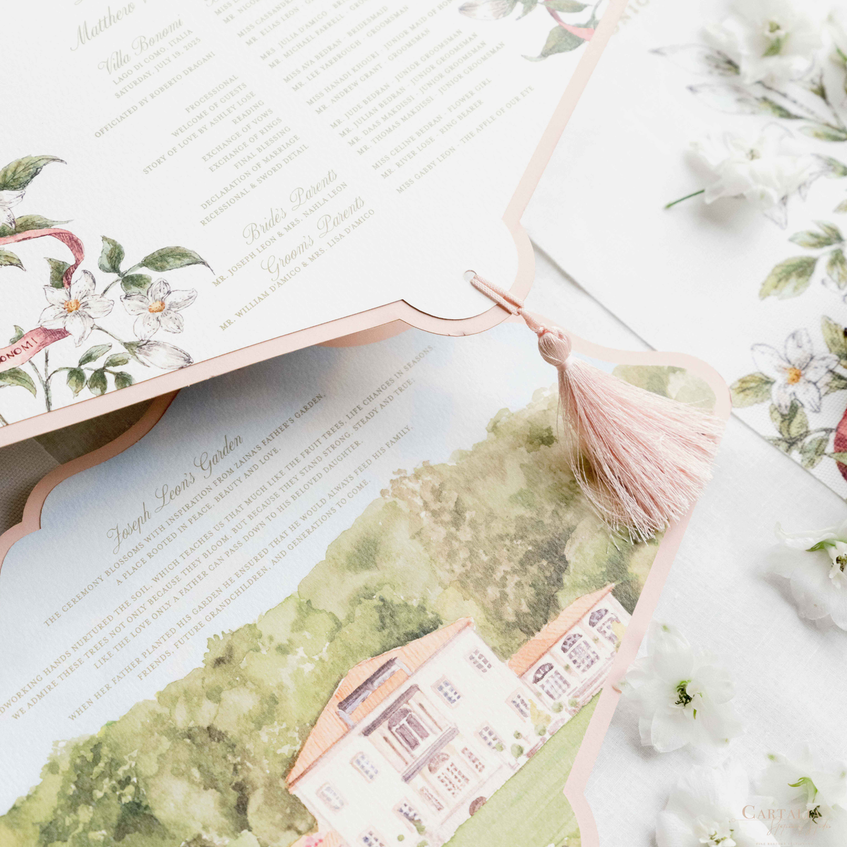 Scalloped Edge Laser-Cut Wedding Petal Fan with Venue Watercolour | Villa Bonomi, Lake Como, Italy
