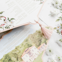 Scalloped Edge Laser-Cut Wedding Petal Fan with Venue Watercolour | Villa Bonomi, Lake Como, Italy