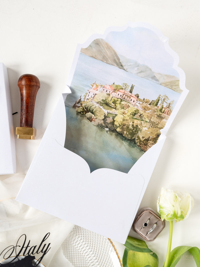 Invito tascabile per sede in scatola 3D con cancello tagliato al laser e targhetta in pelle vegana | Villa Balbiano, Lago di Como | Su misura