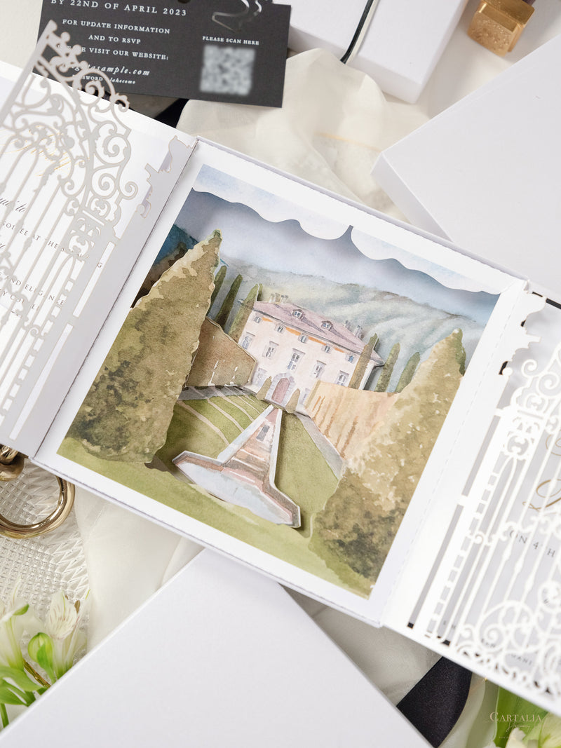 Invito tascabile per sede in scatola 3D con cancello tagliato al laser e targhetta in pelle vegana | Villa Balbiano, Lago di Como | Su misura
