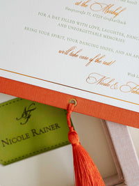 Bespoke Wedding Invitation Box in Pink Linen with Rose Gold Foil, Watercolour Venue Illustration & Personalised Luggage Tags
