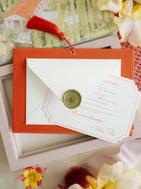 Bespoke Wedding Invitation Box in Pink Linen with Rose Gold Foil, Watercolour Venue Illustration & Personalised Luggage Tags