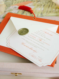Bespoke Wedding Invitation Box in Pink Linen with Rose Gold Foil, Watercolour Venue Illustration & Personalised Luggage Tags
