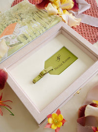 Bespoke Wedding Invitation Box in Pink Linen with Rose Gold Foil, Watercolour Venue Illustration & Personalised Luggage Tags