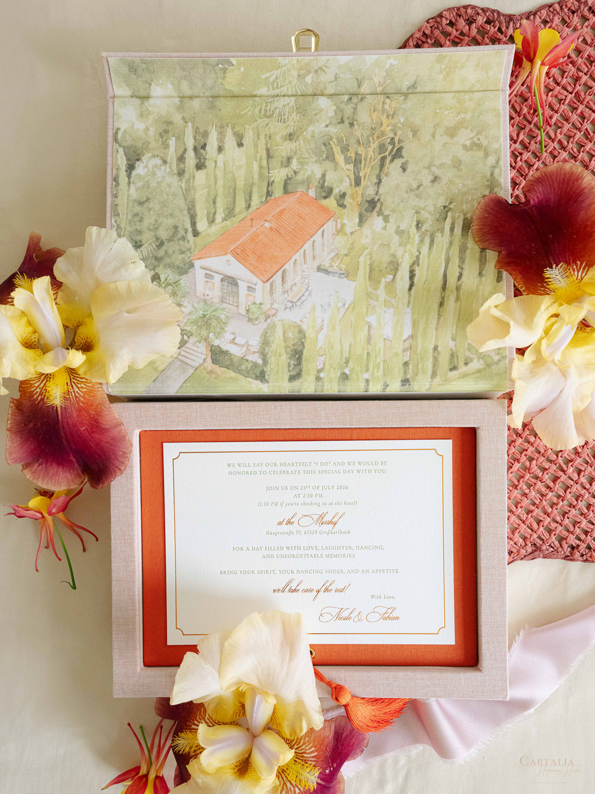 Bespoke Wedding Invitation Box in Pink Linen with Rose Gold Foil, Watercolour Venue Illustration & Personalised Luggage Tags