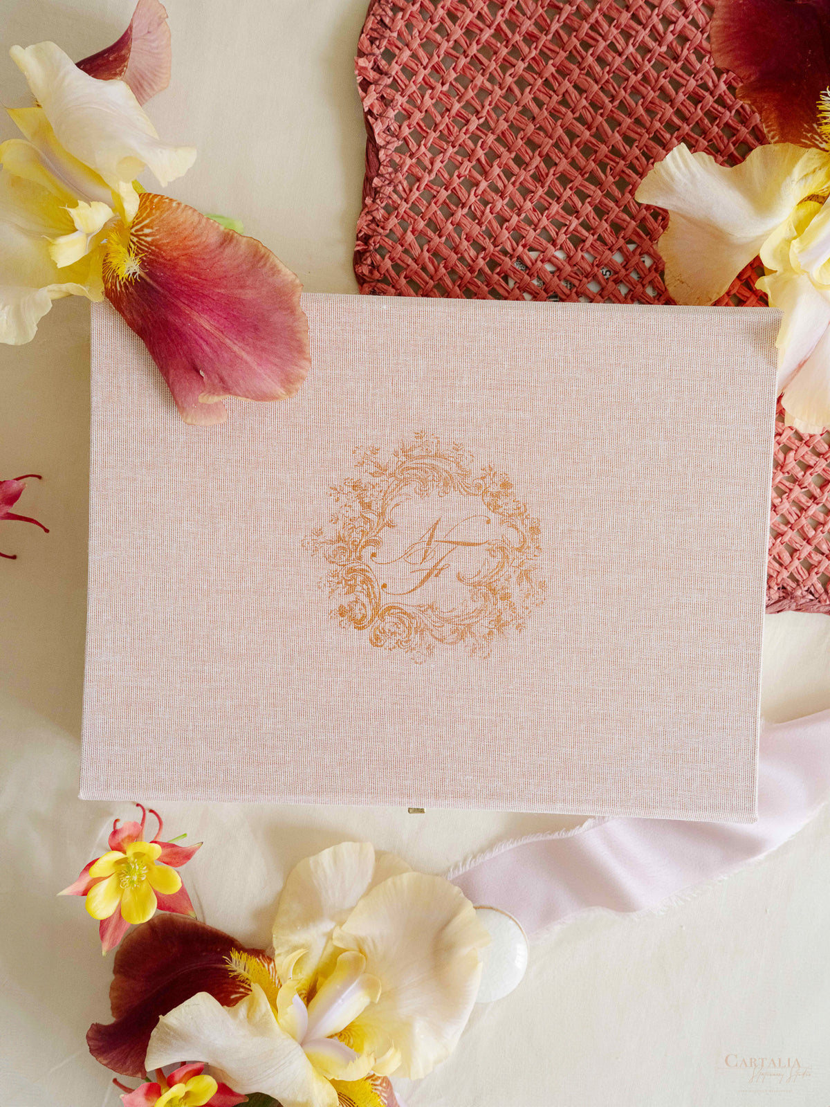 Bespoke Wedding Invitation Box in Pink Linen with Rose Gold Foil, Watercolour Venue Illustration & Personalised Luggage Tags