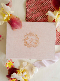 Bespoke Wedding Invitation Box in Pink Linen with Rose Gold Foil, Watercolour Venue Illustration & Personalised Luggage Tags