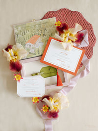 Bespoke Wedding Invitation Box in Pink Linen with Rose Gold Foil, Watercolour Venue Illustration & Personalised Luggage Tags