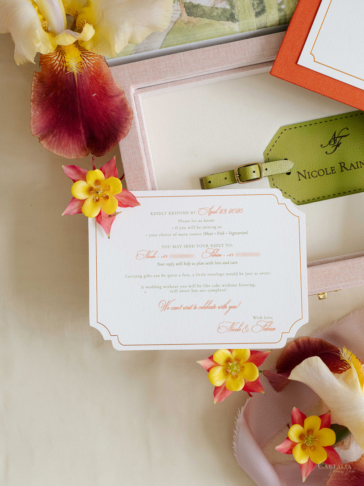 Bespoke Wedding Invitation Box in Pink Linen with Rose Gold Foil, Watercolour Venue Illustration & Personalised Luggage Tags