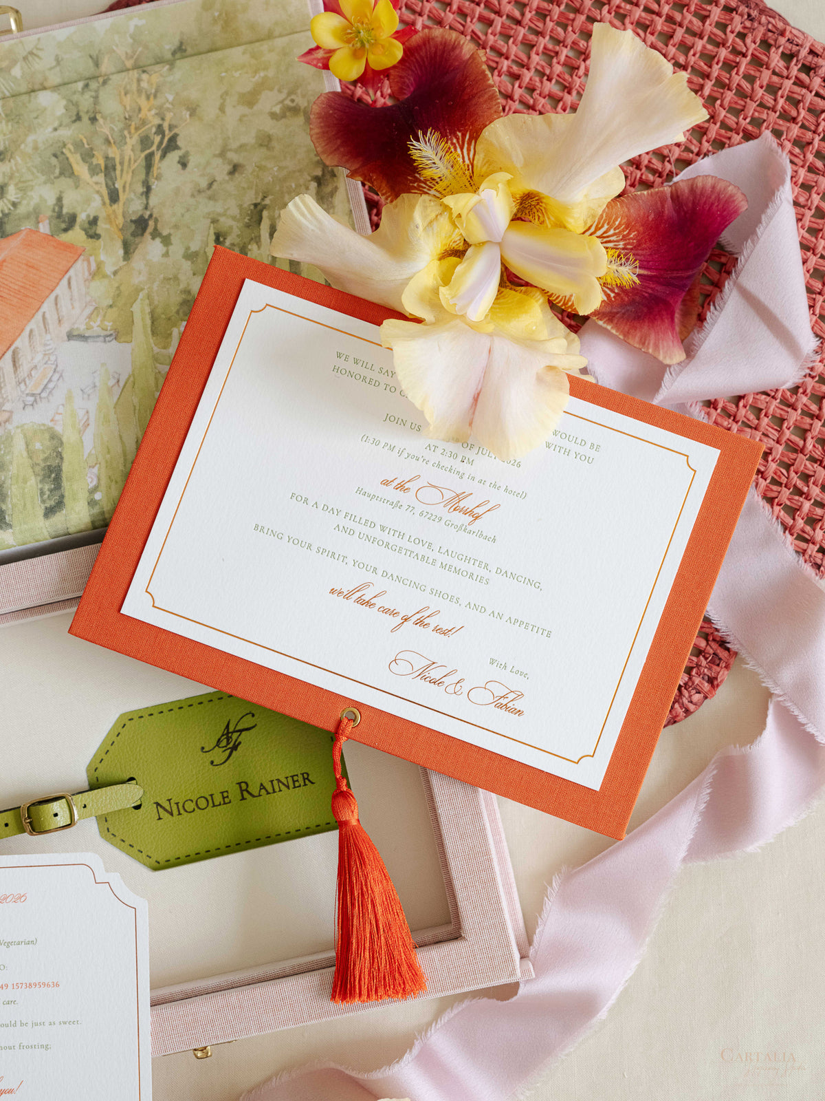 Bespoke Wedding Invitation Box in Pink Linen with Rose Gold Foil, Watercolour Venue Illustration & Personalised Luggage Tags