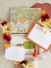 Bespoke Wedding Invitation Box in Pink Linen with Rose Gold Foil, Watercolour Venue Illustration & Personalised Luggage Tags