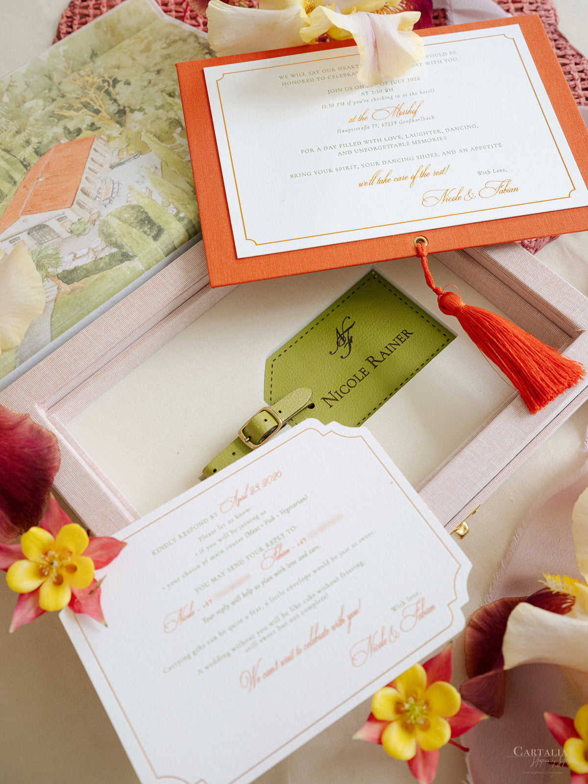 Bespoke Wedding Invitation Box in Pink Linen with Rose Gold Foil, Watercolour Venue Illustration & Personalised Luggage Tags