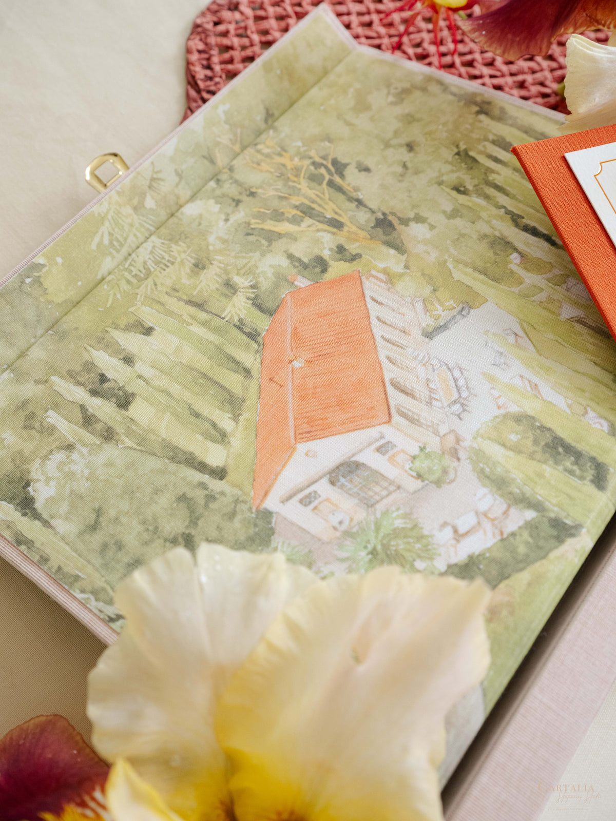 Bespoke Wedding Invitation Box in Pink Linen with Rose Gold Foil, Watercolour Venue Illustration & Personalised Luggage Tags