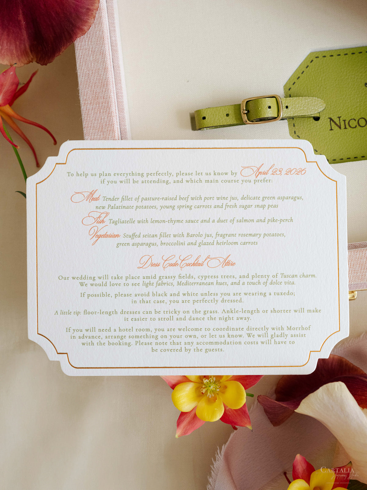 Bespoke Wedding Invitation Box in Pink Linen with Rose Gold Foil, Watercolour Venue Illustration & Personalised Luggage Tags