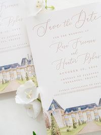 Luxury Hand Painted Save The Date with Venue Watercolour & Wax Seal | Chateau de Jalesnes, Vernantes, France