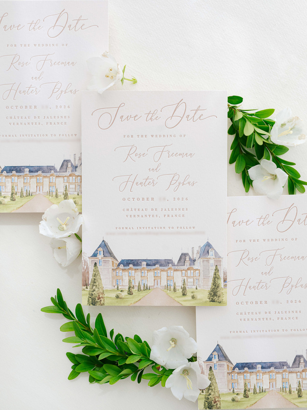 Luxury Hand Painted Save The Date with Venue Watercolour & Wax Seal | Chateau de Jalesnes, Vernantes, France