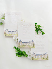 Luxury Hand Painted Save The Date with Venue Watercolour & Wax Seal | Chateau de Jalesnes, Vernantes, France