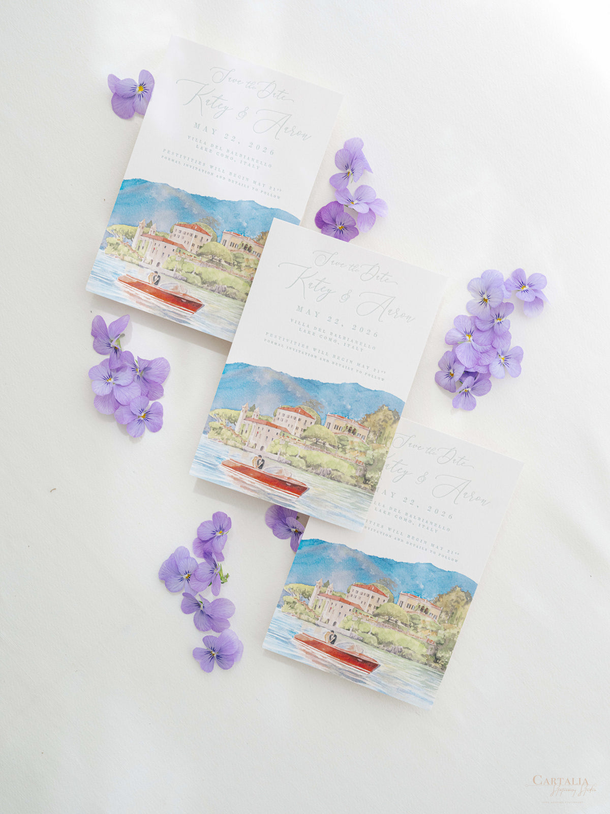 Luxury Hand Painted Save The Date with Venue Watercolour & Wax Seal | Villa del Balbianello, Lake Como, Italy