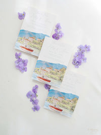 Luxury Hand Painted Save The Date with Venue Watercolour & Wax Seal | Villa del Balbianello, Lake Como, Italy