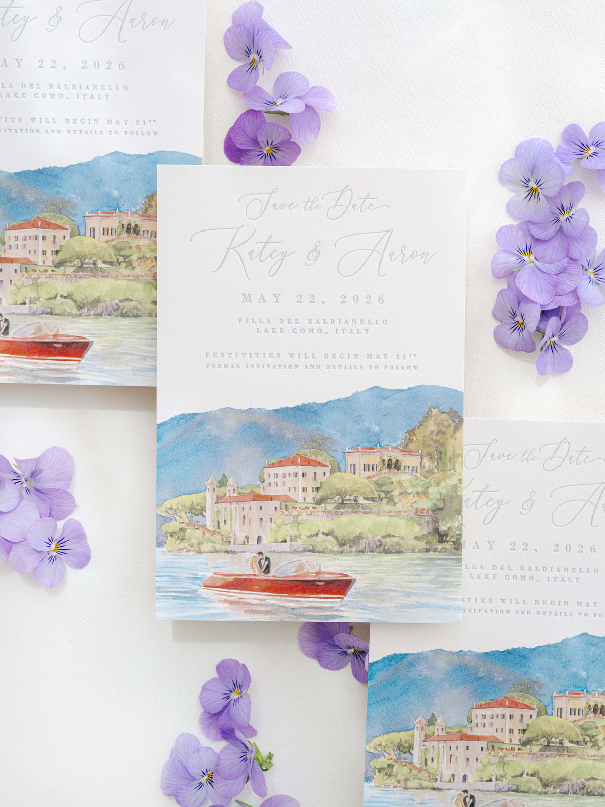 Luxury Hand Painted Save The Date with Venue Watercolour & Wax Seal | Villa del Balbianello, Lake Como, Italy