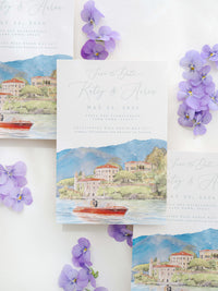 Luxury Hand Painted Save The Date with Venue Watercolour & Wax Seal | Villa del Balbianello, Lake Como, Italy