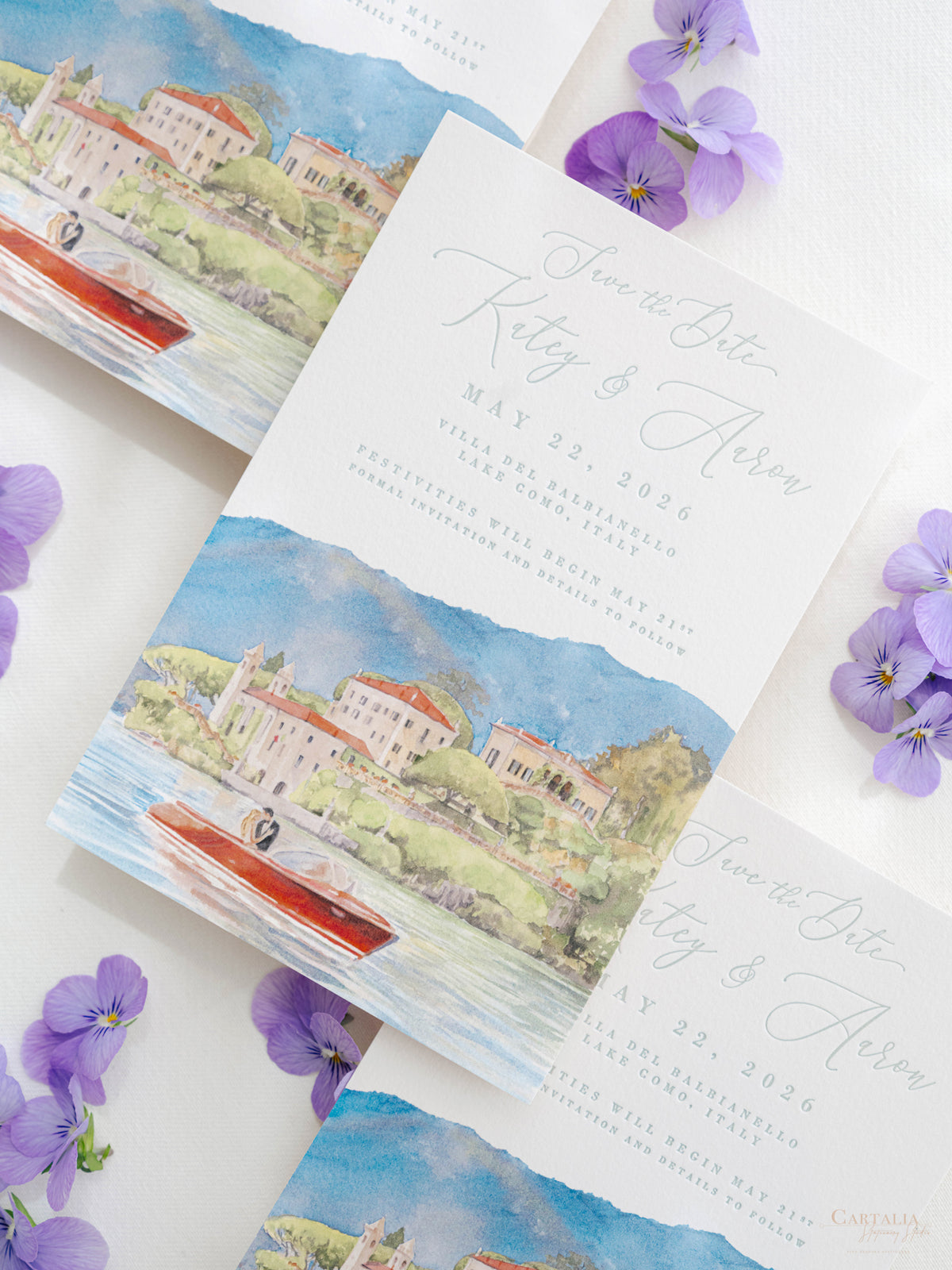 Luxury Hand Painted Save The Date with Venue Watercolour & Wax Seal | Villa del Balbianello, Lake Como, Italy
