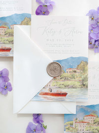 Luxury Hand Painted Save The Date with Venue Watercolour & Wax Seal | Villa del Balbianello, Lake Como, Italy
