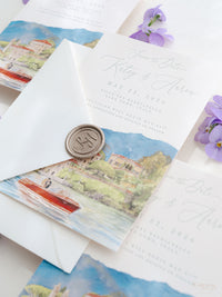 Luxury Hand Painted Save The Date with Venue Watercolour & Wax Seal | Villa del Balbianello, Lake Como, Italy