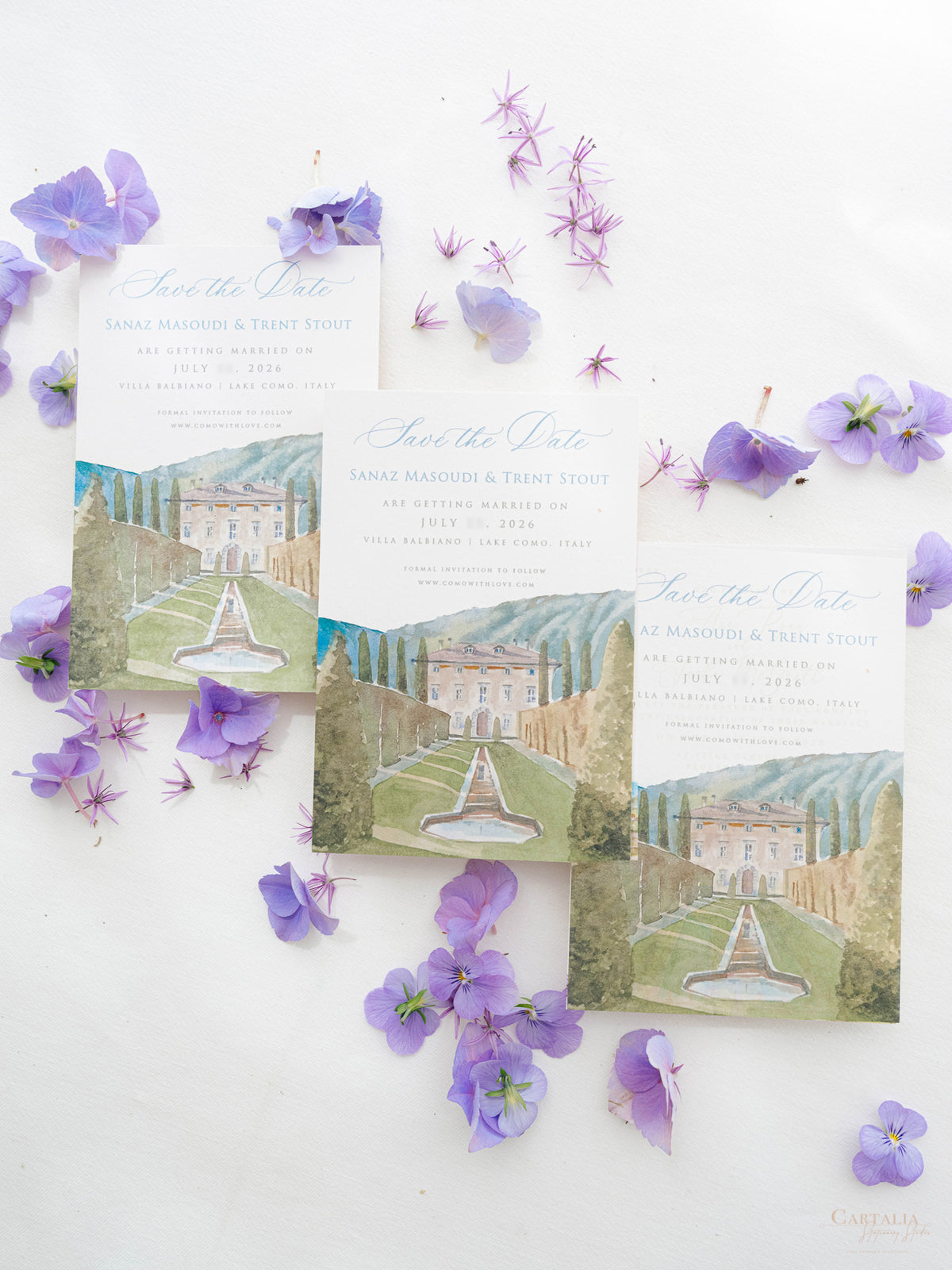 Luxury Hand Painted Save The Date with Venue Watercolour & Wax Seal | Villa Balbiano, Lake Como, Italy