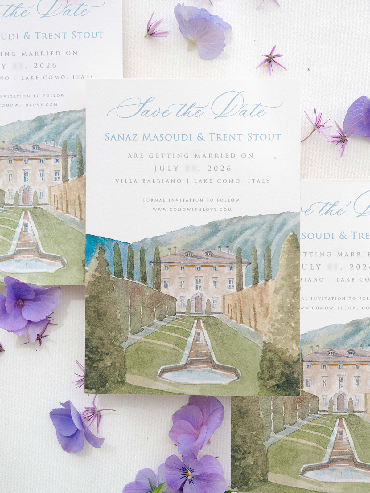 Luxury Hand Painted Save The Date with Venue Watercolour & Wax Seal | Villa Balbiano, Lake Como, Italy