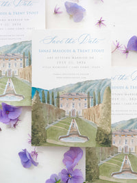 Luxury Hand Painted Save The Date with Venue Watercolour & Wax Seal | Villa Balbiano, Lake Como, Italy