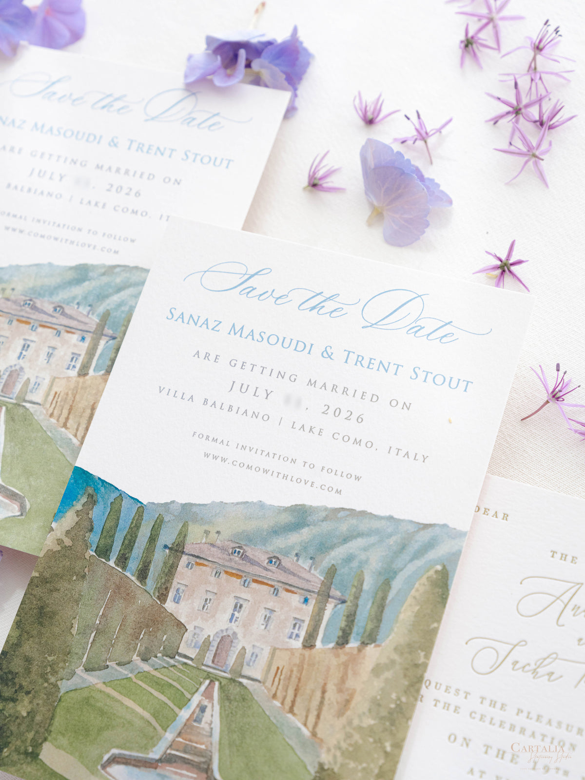 Luxury Hand Painted Save The Date with Venue Watercolour & Wax Seal | Villa Balbiano, Lake Como, Italy
