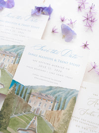 Luxury Hand Painted Save The Date with Venue Watercolour & Wax Seal | Villa Balbiano, Lake Como, Italy