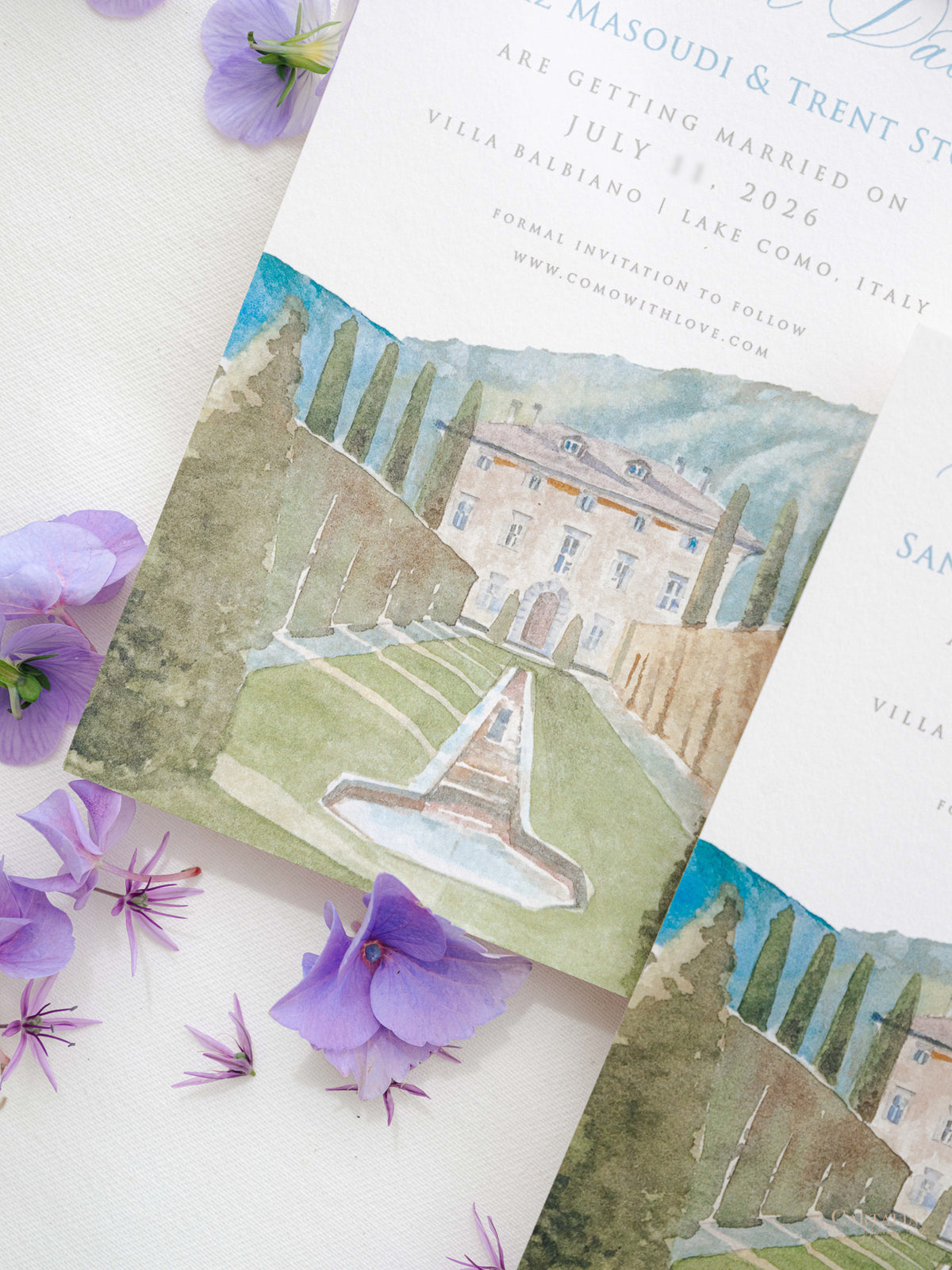 Luxury Hand Painted Save The Date with Venue Watercolour & Wax Seal | Villa Balbiano, Lake Como, Italy