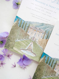 Luxury Hand Painted Save The Date with Venue Watercolour & Wax Seal | Villa Balbiano, Lake Como, Italy