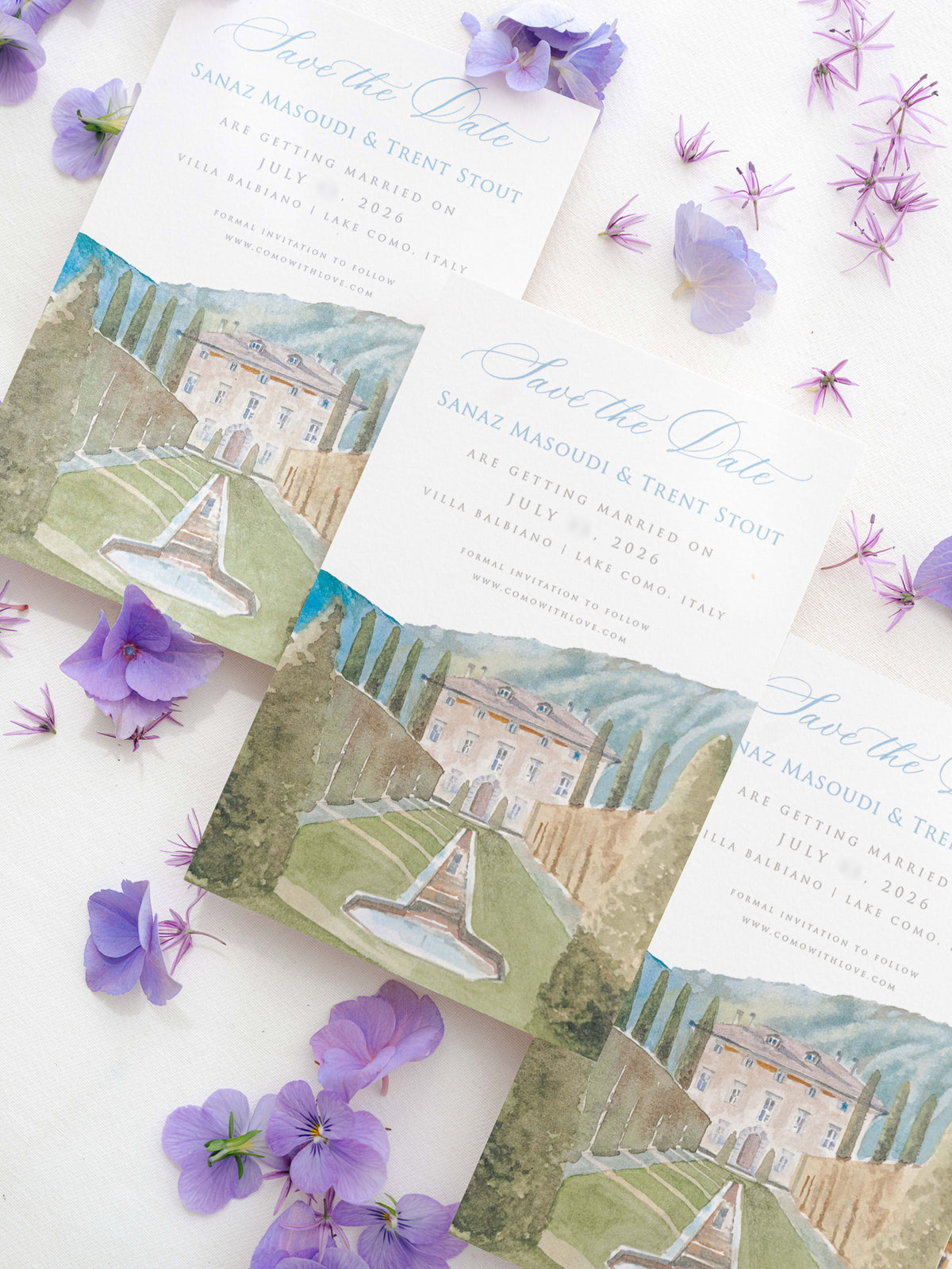 Luxury Hand Painted Save The Date with Venue Watercolour & Wax Seal | Villa Balbiano, Lake Como, Italy