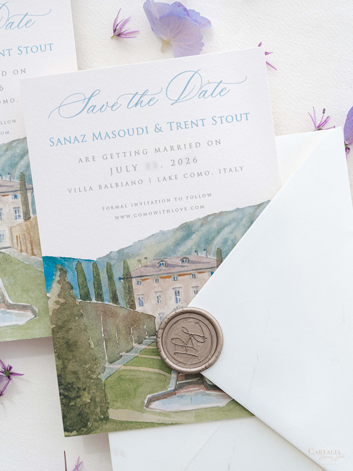 Luxury Hand Painted Save The Date with Venue Watercolour & Wax Seal | Villa Balbiano, Lake Como, Italy