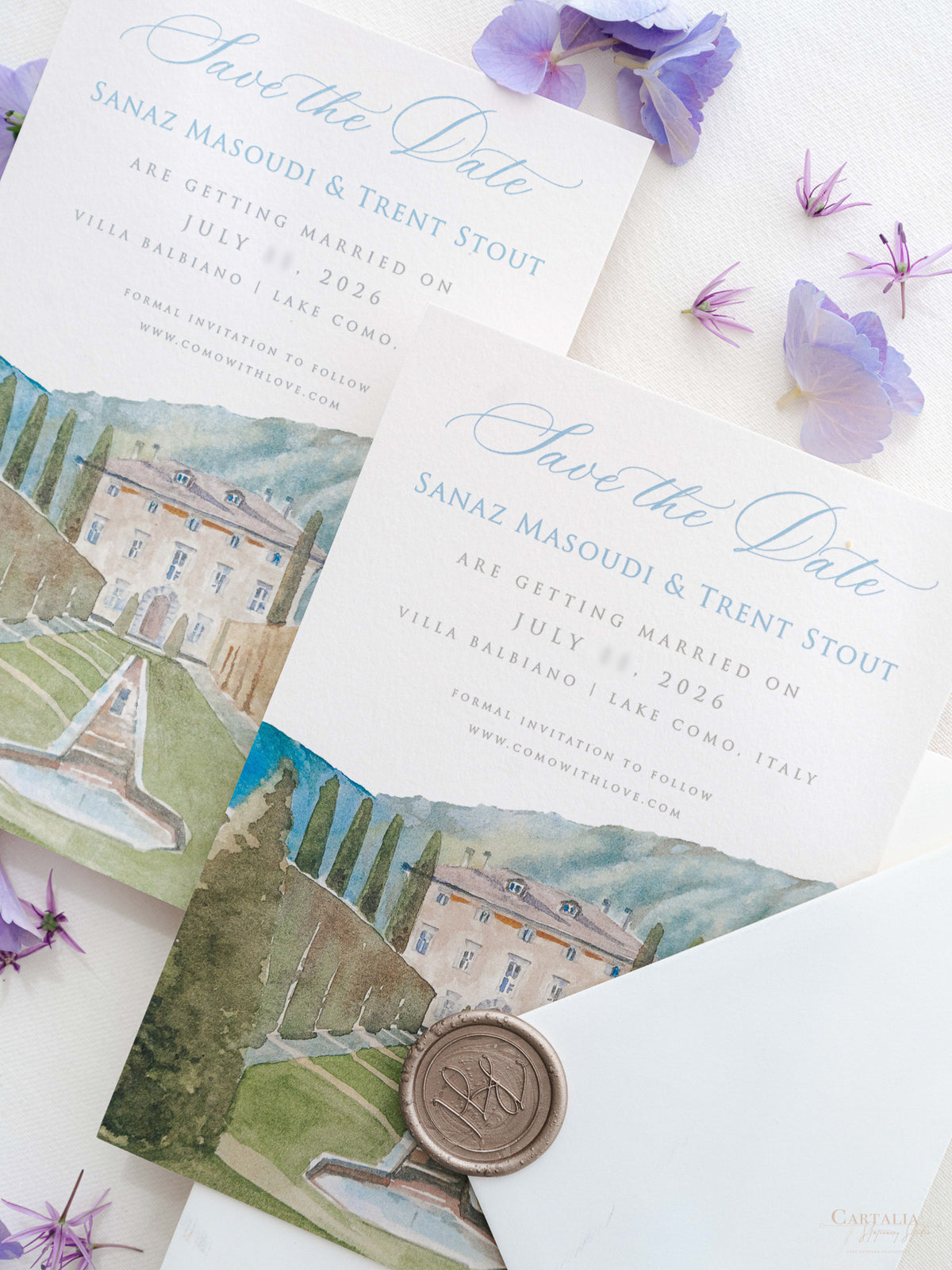 Luxury Hand Painted Save The Date with Venue Watercolour & Wax Seal | Villa Balbiano, Lake Como, Italy
