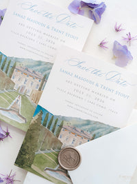 Luxury Hand Painted Save The Date with Venue Watercolour & Wax Seal | Villa Balbiano, Lake Como, Italy