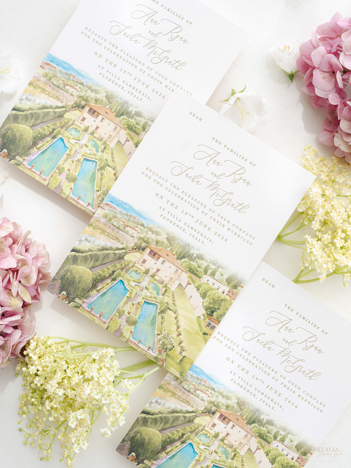 Luxury Hand Painted Save The Date with Venue Watercolour & Wax Seal | Villa Gamberaia, Tuscany, Italy