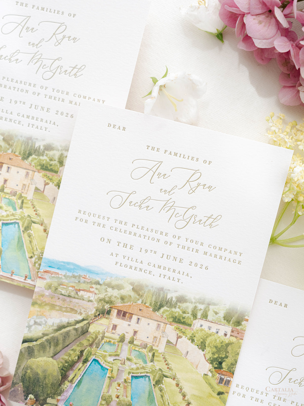 Luxury Hand Painted Save The Date with Venue Watercolour & Wax Seal | Villa Gamberaia, Tuscany, Italy
