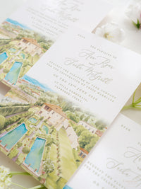 Luxury Hand Painted Save The Date with Venue Watercolour & Wax Seal | Villa Gamberaia, Tuscany, Italy