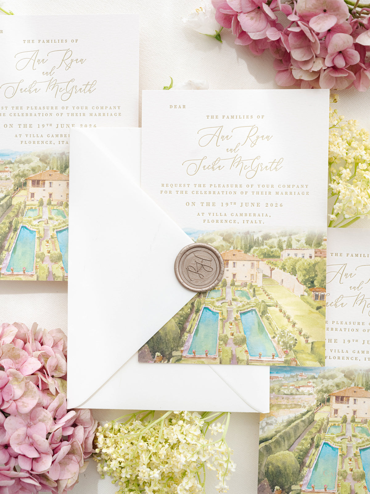 Luxury Hand Painted Save The Date with Venue Watercolour & Wax Seal | Villa Gamberaia, Tuscany, Italy