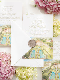 Luxury Hand Painted Save The Date with Venue Watercolour & Wax Seal | Villa Gamberaia, Tuscany, Italy