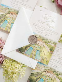 Luxury Hand Painted Save The Date with Venue Watercolour & Wax Seal | Villa Gamberaia, Tuscany, Italy