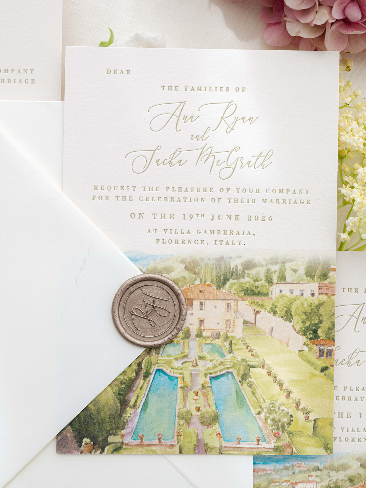 Luxury Hand Painted Save The Date with Venue Watercolour & Wax Seal | Villa Gamberaia, Tuscany, Italy