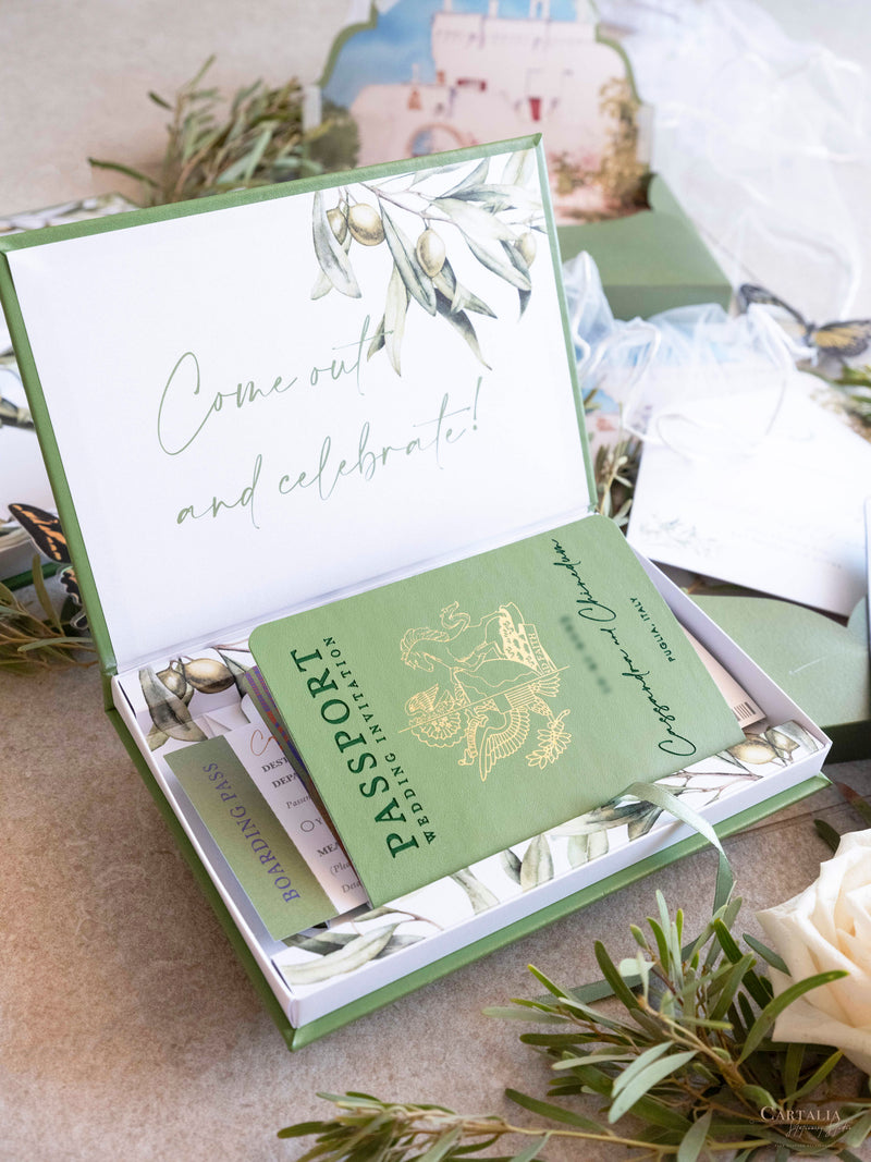 Luxury Wedding Box with Passport in Vegan Leather & Venue | Puglia, Italy| Bespoke C&C